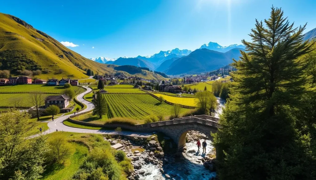 A picturesque day trip from the charming city of Lugano, Switzerland. Rolling green hills dotted with quaint villages, snow-capped peaks of the Swiss Alps rising majestically in the distance. A winding country road leads past vineyards and orchards, inviting exploration. In the foreground, a rustic stone bridge arches gracefully over a babbling brook, its crystal-clear waters reflecting the azure sky. Warm sunlight filters through the lush, verdant foliage, casting a golden glow over the serene landscape. Hikers stroll along a picturesque trail, taking in the breathtaking vistas. This idyllic day trip encapsulates the natural beauty and charm that make Lugano and its surroundings a must-visit destination.