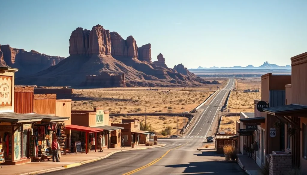 A picturesque desert landscape in Gallup, New Mexico, on a bright sunny day. In the foreground, a winding road leads past vibrant native American art galleries and craft stores, their colorful displays spilling out onto the sidewalks. In the middle ground, the imposing sandstone cliffs of the Zuni Mountains rise up, casting long shadows across the scene. In the distance, the iconic Route 66 highway cuts through the rugged terrain, with the silhouettes of distant mesas on the horizon. Warm, golden lighting illuminates the entire vista, capturing the unique character and charm of this southwestern town.