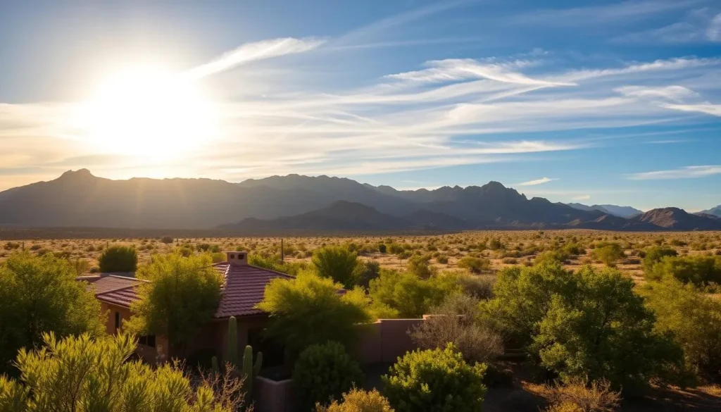 A picturesque desert landscape in Las Cruces, New Mexico, under a warm, golden afternoon sun. In the foreground, a charming adobe-style house with a terracotta roof nestled among lush, vibrant greenery. The middle ground features the iconic Organ Mountains, their rugged peaks casting long shadows across the landscape. In the background, a clear, azure sky with wispy clouds, creating a serene and tranquil atmosphere. The scene conveys a sense of Southwest charm, with the interplay of natural and architectural elements. Capture this scene with a wide-angle lens to showcase the depth and breadth of the landscape.