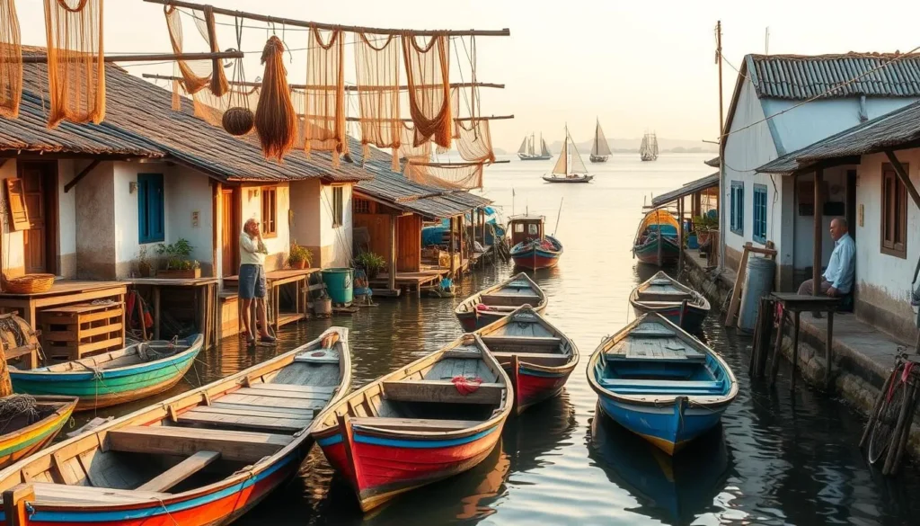 A picturesque fishing village nestled along the serene coastline of Mũi Né, Vietnam. Colorful wooden boats bob gently in the calm waters, their hulls reflecting the warm hues of the afternoon sun. Weathered fishing nets hang from wooden frames, drying in the gentle breeze. Quaint houses with thatched roofs and whitewashed walls line the narrow streets, their windows adorned with potted plants. Local fishermen mend their nets, their weather-worn faces etched with the stories of their trade. In the distance, a fleet of traditional boats sets sail, their distinctive sails catching the wind. The scene exudes a timeless tranquility, inviting the viewer to immerse themselves in the rhythms of this picturesque coastal community.