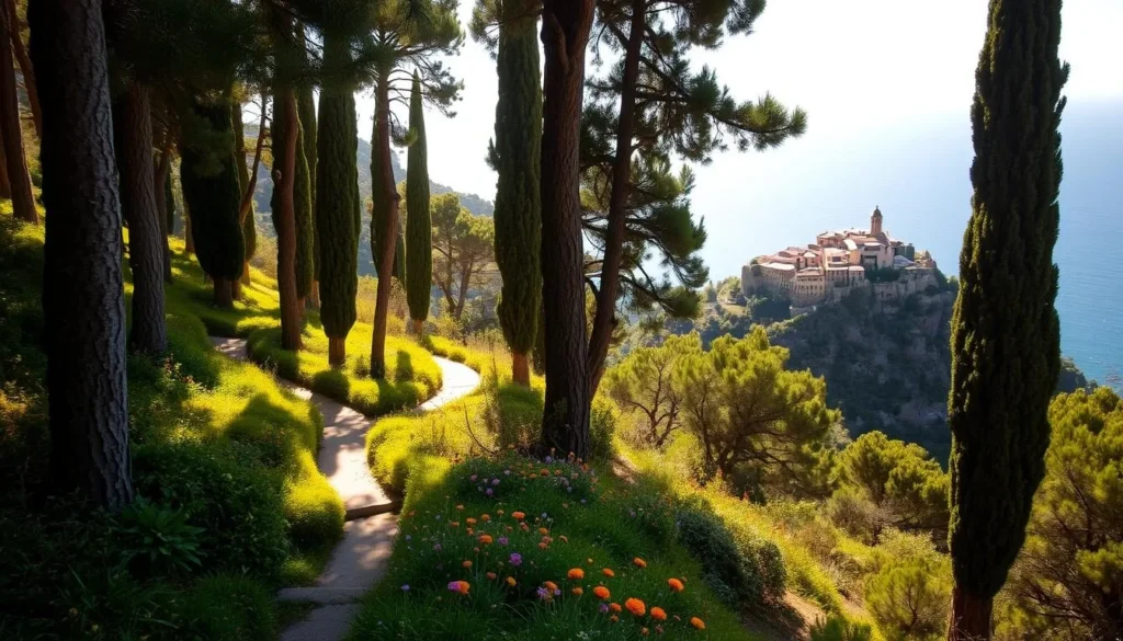 A picturesque hiking trail winding through the lush, verdant slopes of Èze, France. Sunlight filters through the canopy of towering cypress trees, casting a warm, golden glow over the meandering path. In the foreground, the trail is lined with vibrant wildflowers, their petals swaying gently in the soft breeze. The middle ground reveals stunning vistas of the Mediterranean Sea, its azure waters sparkling in the distance. In the background, the historic village of Èze perches atop a rocky outcrop, its charming architecture and medieval charm adding to the idyllic scene. The overall atmosphere is one of tranquility and natural beauty, inviting the viewer to imagine themselves embarking on this picturesque Nietzsche Path hike.