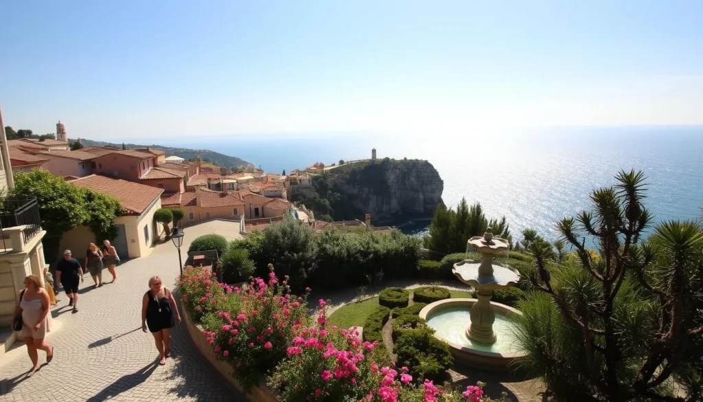 A picturesque hilltop town of Èze on a warm, sunny day. In the foreground, people leisurely stroll along the quaint cobblestone streets, admiring the charming architecture and blooming flowers. The middle ground showcases a lush, verdant garden with fragrant plants and a tranquil fountain. In the background, the sparkling azure waters of the Mediterranean Sea stretch out, framed by the rugged, sun-kissed cliffs. Soft, golden light filters through the clear sky, creating a serene and inviting atmosphere perfect for outdoor activities.