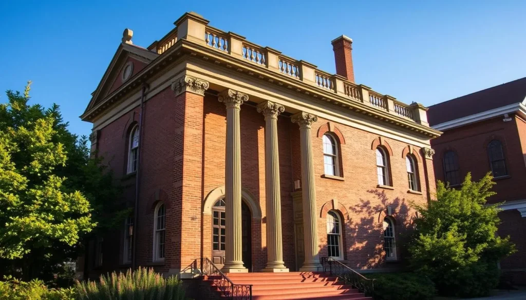 A picturesque historical building nestled in the heart of New Haven, Missouri, its facade adorned with intricate architectural details. Towering columns and ornate window frames cast shadows on the well-maintained brick exterior, bathed in the warm glow of a mid-afternoon sun. The lush, verdant foliage surrounding the structure adds to the serene, inviting atmosphere, creating a harmonious blend of past and present. Visitors can almost feel the weight of history as they gaze upon this storied landmark, a testament to the rich cultural heritage of the region.