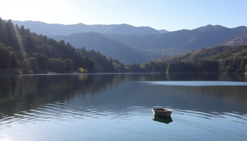 A picturesque lake nestled in the rolling hills of Santa Barbara County, Lake Cachuma is a hidden gem waiting to be discovered. Capture the serene waters reflecting the surrounding lush oak and pine forests, with the majestic Santa Ynez Mountains rising in the distance. Sunlight dances across the surface, casting a warm glow over the scene. In the foreground, a small boat drifts peacefully, inviting exploration. The atmosphere is one of tranquility and natural wonder, perfectly capturing the essence of this beautiful, unspoiled location.