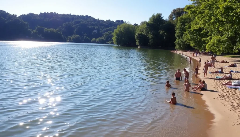 A picturesque lakeside scene with a tranquil swimming area at Lake Temescal, nestled in the lush hills of Oakland, California. Warm sunlight dances on the gently rippling water, inviting swimmers to dive in and cool off on a summer day. Families and friends relax on the sandy beach, while children play in the shallows. Lush green trees and foliage line the shoreline, creating a serene and natural ambiance. The scene captures the essence of Lake Temescal as an idyllic outdoor oasis in the heart of the city.