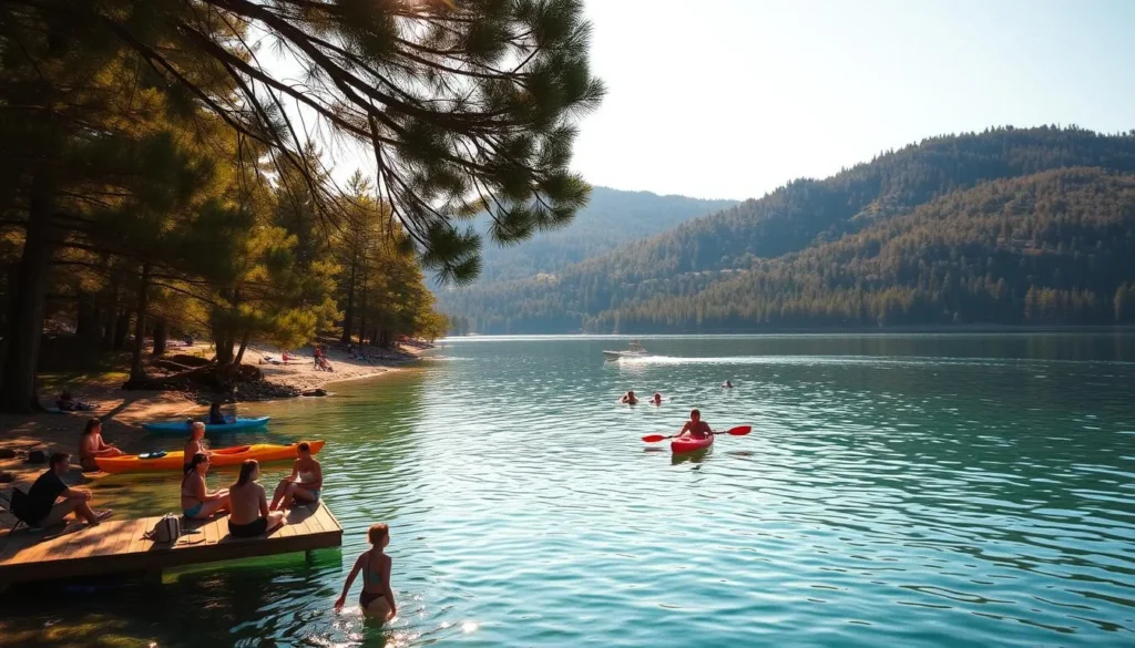 A picturesque lakeside setting with crystal-clear waters, surrounded by lush, rolling hills and towering pine trees. In the foreground, a group of friends enjoying a relaxing day by the shore, kayaking, swimming, and lounging on a wooden dock. Warm sunlight filters through the branches, casting a golden glow over the tranquil scene. In the distance, a small boat drifts by, its wake rippling across the surface. The atmosphere is serene and inviting, capturing the essence of an idyllic Lake San Antonio visit.
