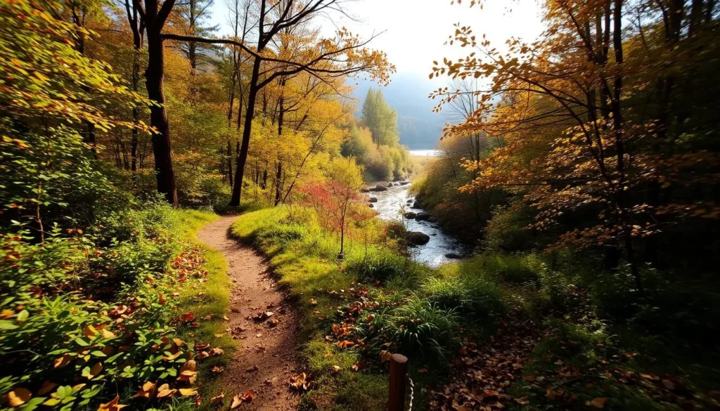 A picturesque landscape during the shoulder seasons, where the vibrant hues of summer mingle with the warm tones of autumn. A sun-dappled forest path winds through lush greenery, dotted with scattered leaves in shades of amber and gold. Soft, diffused lighting filters through the canopy, casting a gentle glow over the scene. In the distance, a tranquil stream reflects the surrounding foliage, creating a serene and harmonious atmosphere. The air is crisp, yet comfortably mild, inviting the viewer to immerse themselves in the natural beauty of this transitional time of year.