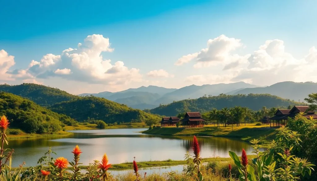 A picturesque landscape in Banlung, Cambodia during the ideal time to visit. A serene lake nestled amidst lush, verdant hills, with a clear sky dotted with fluffy white clouds. Warm, golden sunlight bathes the scene, creating a tranquil, inviting atmosphere. In the foreground, vibrant local flora and fauna add pops of color. The middle ground features traditional Khmer structures blending harmoniously with the natural surroundings. The background showcases the majestic Cardamom Mountains, their peaks gently kissed by wispy clouds. Capture the essence of Banlung's best season - a perfect balance of natural beauty and cultural charm.
