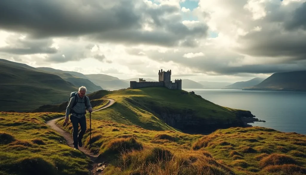 A picturesque landscape in Northern Ireland, where rolling green hills and rugged coastlines converge. In the foreground, a lone hiker navigates a winding trail, their backpack and hiking boots suggesting an adventurous spirit. The middle ground is dominated by a majestic castle, its ancient stone walls and turrets casting long shadows across the terrain. In the distance, the calm waters of a loch reflect the dramatic, cloud-streaked sky, hinting at the region's untamed natural beauty. Soft, warm lighting illuminates the scene, creating a sense of tranquility and wonder. Capture the essence of this unique, off-the-beaten-path destination, where history, adventure, and natural splendor intertwine.