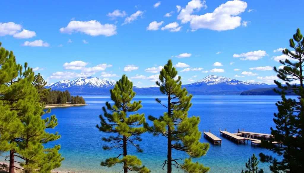A picturesque landscape of Big Bear Lake, nestled amidst the majestic San Bernardino Mountains. The crystal-clear waters reflect the serene blue sky, dotted with fluffy white clouds. In the foreground, lush pine trees line the shoreline, their verdant foliage swaying gently in the soft breeze. The middle ground features the iconic wooden docks, inviting visitors to stroll and take in the tranquil atmosphere. In the distance, snow-capped peaks rise majestically, bathed in warm, golden sunlight that casts a magical glow over the entire scene. The overall mood is one of peaceful escape, with a sense of wonder and natural beauty that captures the essence of Big Bear Lake.