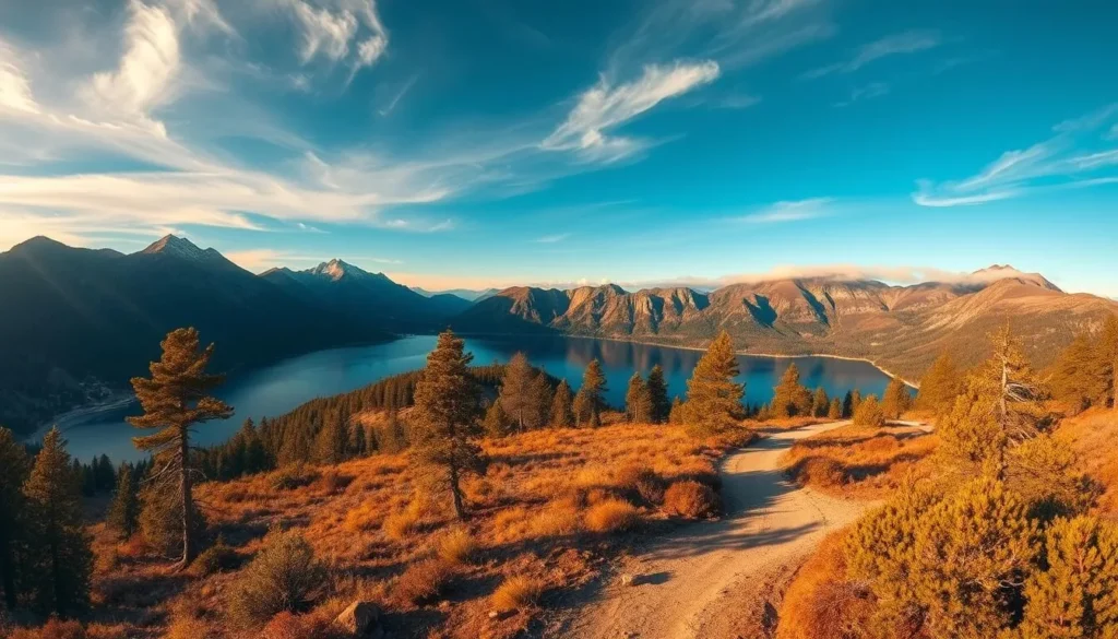 A picturesque landscape of Donner Lake nestled in the Sierra Nevada mountains. The lake's serene, turquoise waters are surrounded by towering pine-covered peaks and rugged granite cliffs. In the foreground, a winding dirt trail leads towards the lake, inviting exploration. Warm, golden sunlight filters through wispy clouds, casting a peaceful glow over the scene. The tranquil atmosphere evokes a sense of adventure and natural beauty. Capture the majesty of this iconic California destination through a wide-angle lens, showcasing the breathtaking vistas that draw visitors to Donner Lake.