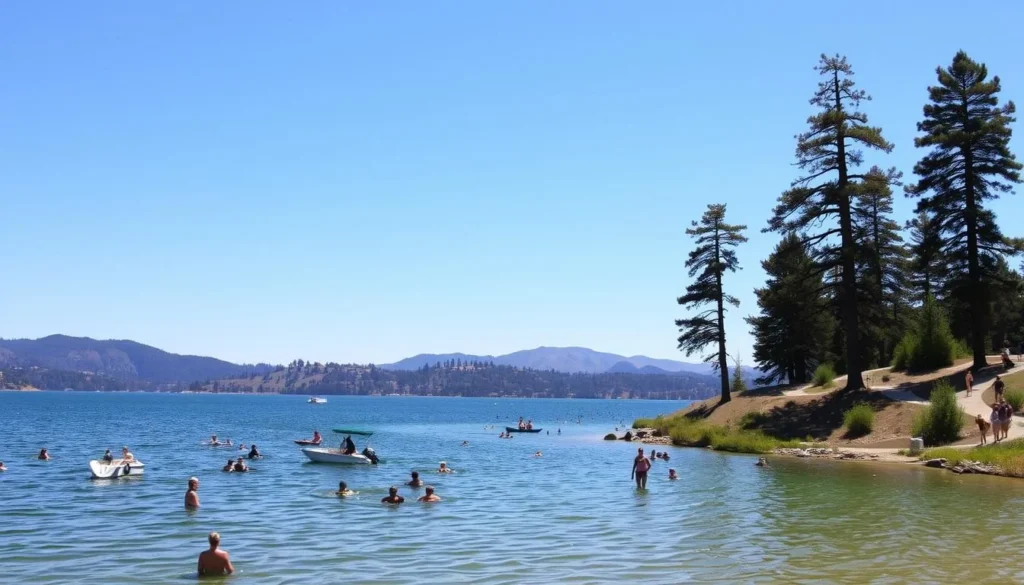 A picturesque landscape of Folsom Lake during a warm, sunny day. In the foreground, people engage in various recreational activities - boating, swimming, and fishing. The crystal-clear waters reflect the lush, verdant shoreline and the distant hills. In the middle ground, hikers traverse well-maintained trails, admiring the natural beauty. The background features towering pine trees and a clear, azure sky, creating a serene and tranquil atmosphere. The scene is illuminated by soft, natural lighting, capturing the essence of the lake's seasonal charm.