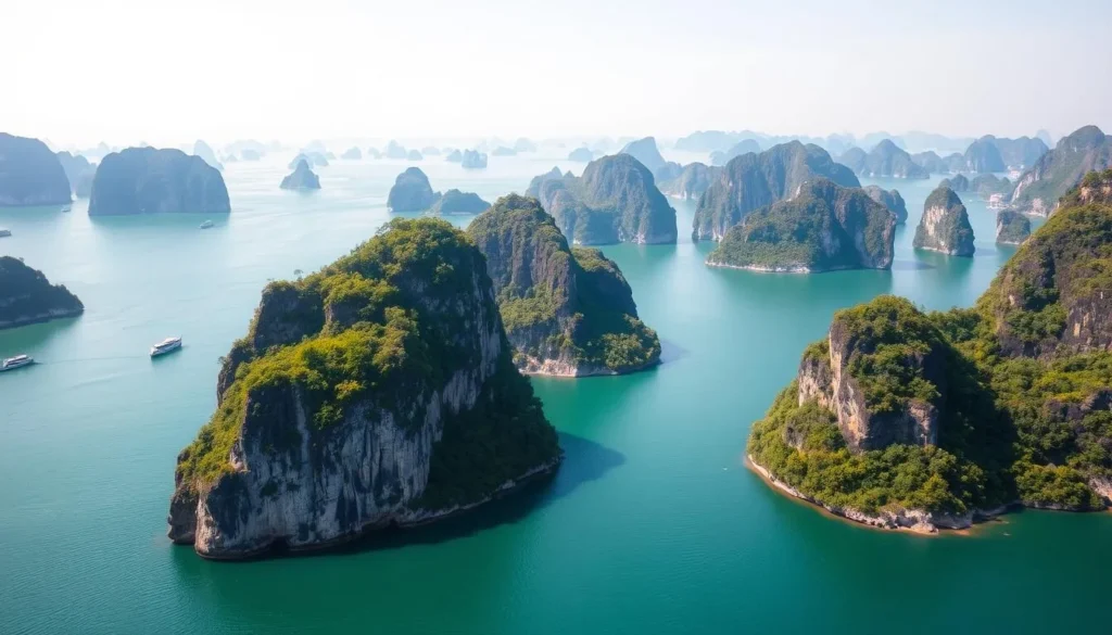 A picturesque landscape of Halong Bay, Vietnam, showcasing the iconic limestone karst islands rising majestically from the serene, emerald-green waters. Capture the dramatic cliffs and lush, verdant foliage adorning the islands, bathed in the warm, golden light of a sunny day. Utilize a wide-angle lens to convey the vastness and grandeur of the scene, with the islands occupying the middle ground and the distant horizon creating a sense of depth and tranquility. Evoke a mood of awe-inspiring natural beauty, inviting the viewer to imagine the tranquil setting and the possibility of exploring the hidden coves and caves nestled among the islands.
