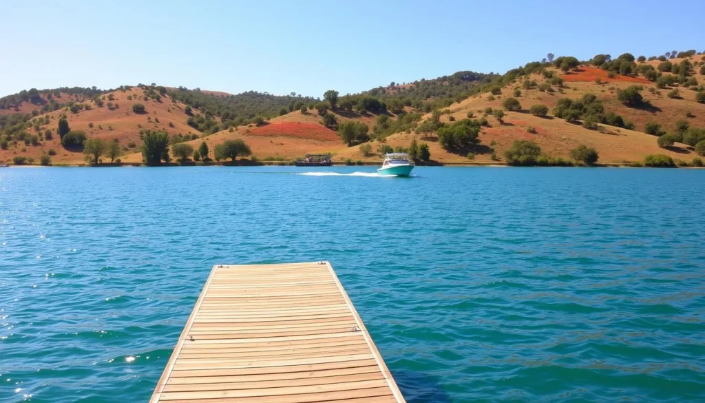 A picturesque landscape of Lake San Antonio on a sunny day, with its glistening turquoise waters surrounded by rolling hills and lush green vegetation. In the foreground, a wooden dock extends into the lake, inviting visitors to take a leisurely stroll and enjoy the serene atmosphere. The middle ground features a small boat sailing across the calm surface, casting gentle ripples. In the background, the rolling hills are adorned with a mix of oak trees and vibrant wildflowers, creating a harmonious blend of natural beauty. The scene is bathed in warm, golden sunlight, casting a soft glow over the entire landscape and evoking a sense of tranquility and peace.