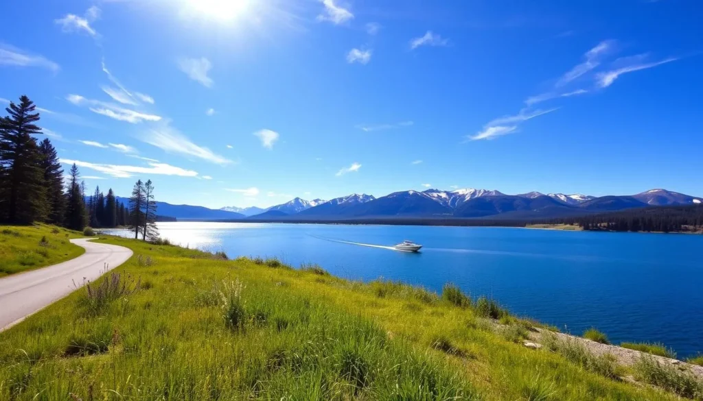 A picturesque landscape of Long Valley Reservoir on a bright, sunny day. The tranquil blue waters reflect the surrounding mountains and pine forests, creating a serene and calming atmosphere. Sunlight filters through wispy clouds, casting a warm glow over the scene. In the foreground, lush green grasses and wildflowers sway gently in the breeze. A paved path winds through the area, inviting visitors to explore the natural beauty. In the middle ground, a small boat drifts peacefully on the reservoir, capturing the peaceful ambiance. The background showcases the majestic Sierra Nevada mountains, their snow-capped peaks rising majestically into the clear, azure sky.