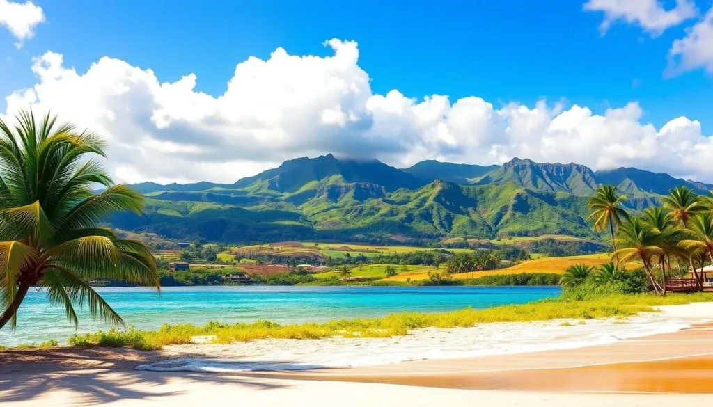 A picturesque landscape of Molokai, Hawaii, showcasing the island's tranquil weather. In the foreground, a pristine white sand beach with gentle lapping waves. Lush, verdant palm trees sway in the soft breeze, casting delicate shadows on the golden shore. The middle ground features rolling green hills and valleys, dotted with vibrant tropical flora. In the distance, majestic volcanic mountains rise up, their peaks shrouded in wispy clouds. The sky is a brilliant azure, with fluffy cumulus clouds drifting lazily overhead, illuminated by warm, golden sunlight. The overall scene radiates a sense of serenity and natural beauty, encapsulating the essence of Molokai's idyllic climate.