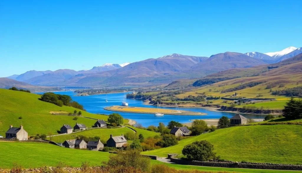A picturesque landscape of Munster Province, Ireland, on a sunny day. In the foreground, rolling green hills dotted with traditional stone cottages and lush vegetation. The middle ground features a winding river reflecting the clear blue sky, with boats floating peacefully along its banks. In the background, majestic mountains rise up, their peaks capped with a dusting of snow. The scene is bathed in warm, golden light, creating a sense of tranquility and timeless beauty. Capture the essence of the region's natural splendor and the enchanting charm of the Irish countryside.