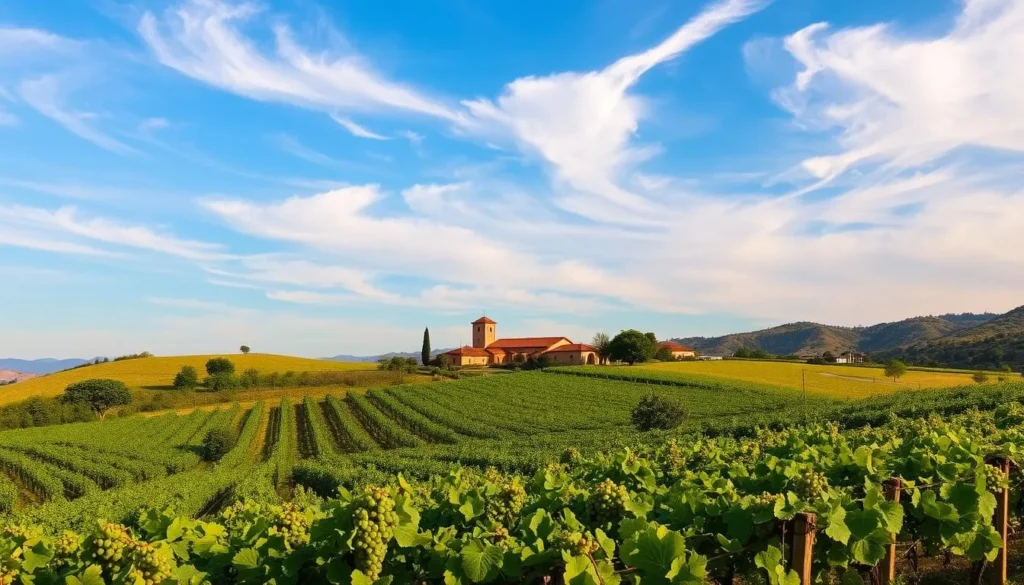 A picturesque landscape of Paso Robles, California, showcasing its renowned wineries and vineyards. In the foreground, rolling hills covered in lush, verdant grapevines stretch out, dotted with clusters of ripe, plump grapes. In the middle ground, rustic yet charming winery buildings stand tall, their warm, earthy tones complementing the natural surroundings. The background is dominated by a clear, azure sky, with wispy, cotton-like clouds drifting lazily overhead, bathing the scene in a soft, golden light. The overall atmosphere exudes a sense of tranquility and abundance, capturing the essence of Paso Robles' vibrant wine country.