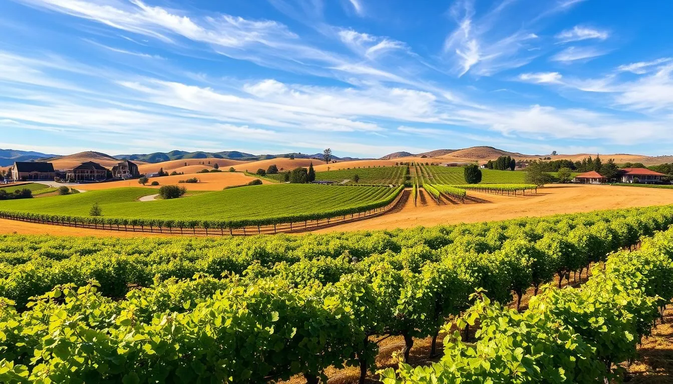 A picturesque landscape of Temecula Valley's renowned wine country on a sunny day. In the foreground, lush rows of grapevines stretch across gently rolling hills, their leaves glistening in the warm light. Further back, quaint wineries and tasting rooms dot the scenery, their charming architecture blending seamlessly with the natural surroundings. The sky above is a brilliant blue, dotted with wispy clouds, creating a serene and inviting atmosphere. The scene is captured with a wide-angle lens, showcasing the expansive beauty of this renowned wine-producing region. Overall, the image conveys the tranquility and elegance of Temecula Valley's premier vineyards and wineries.