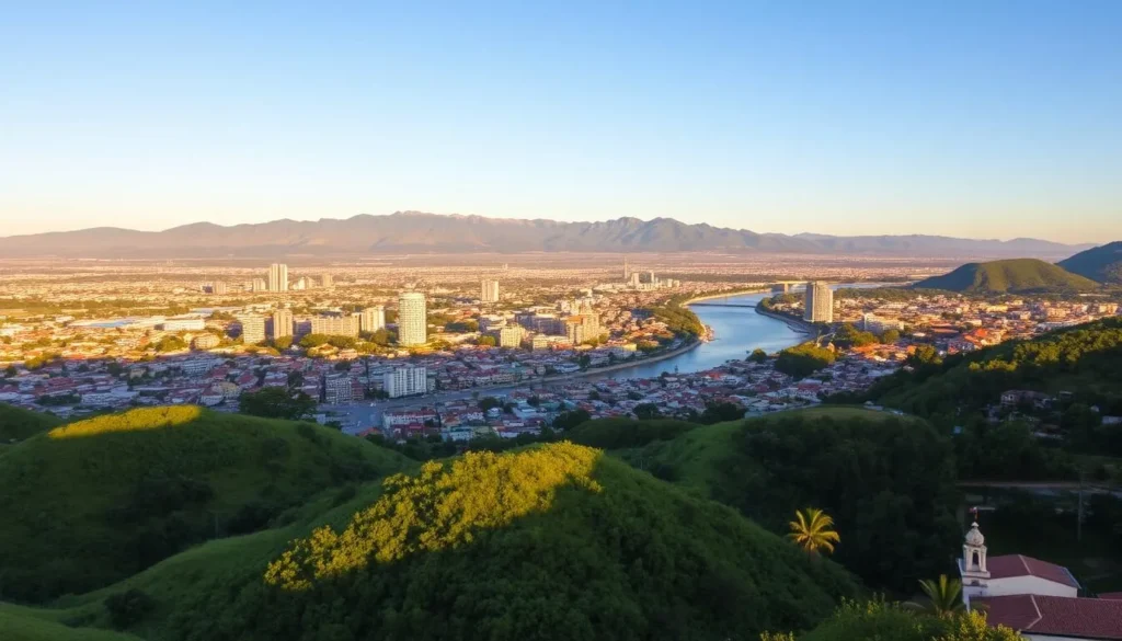 A picturesque landscape of Tuxtla Gutierrez, the vibrant capital of Chiapas, Mexico. In the foreground, lush green hills dotted with colorful houses and buildings rise gently, their terracotta roofs catching the warm afternoon sunlight. In the middle ground, the sprawling city unfolds, its modern skyscrapers and historic colonial architecture blending harmoniously. Framing the scene, the majestic Sierra Madre mountains stand tall, their jagged peaks silhouetted against a clear, azure sky. A tranquil river winds its way through the heart of the city, reflecting the surrounding natural beauty. The overall scene exudes a sense of calm and charm, inviting the viewer to explore the gateway to the enchanting Chiapas region.