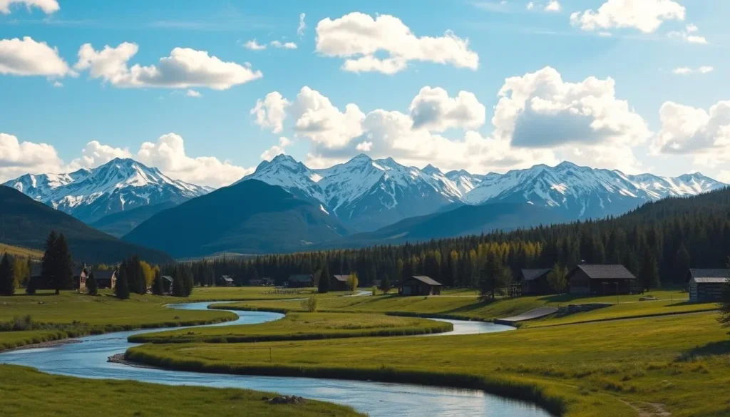 A picturesque landscape of Whitefish, Montana, showcasing the town's charming appeal. In the foreground, a winding river meanders through lush green meadows, its gentle waters reflecting the azure sky above. Towering snow-capped peaks of the Rocky Mountains rise majestically in the background, casting a serene and awe-inspiring presence. Fluffy white clouds drift lazily overhead, bathing the scene in warm, golden sunlight. A few quaint log cabins and rustic structures dot the horizon, blending seamlessly with the natural surroundings. The overall mood is one of tranquility and adventure, inviting the viewer to explore the captivating beauty of this idyllic mountain town.