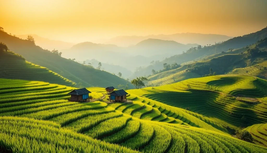 A picturesque landscape of lush, terraced rice fields cascading down the verdant hills of Mai Chau, Vietnam. Bathed in warm, golden sunlight, the undulating rows of emerald-hued paddies glisten as a gentle breeze rustles the swaying stalks. In the middle ground, traditional stilt houses with thatched roofs peek out from amidst the verdant foliage, while in the distance, the misty silhouettes of rugged mountains frame the serene scene. Capture the tranquil essence of this rural Vietnamese idyll, with a focus on the harmonious interplay of nature, architecture, and the rhythmic patterns of the rice terraces.