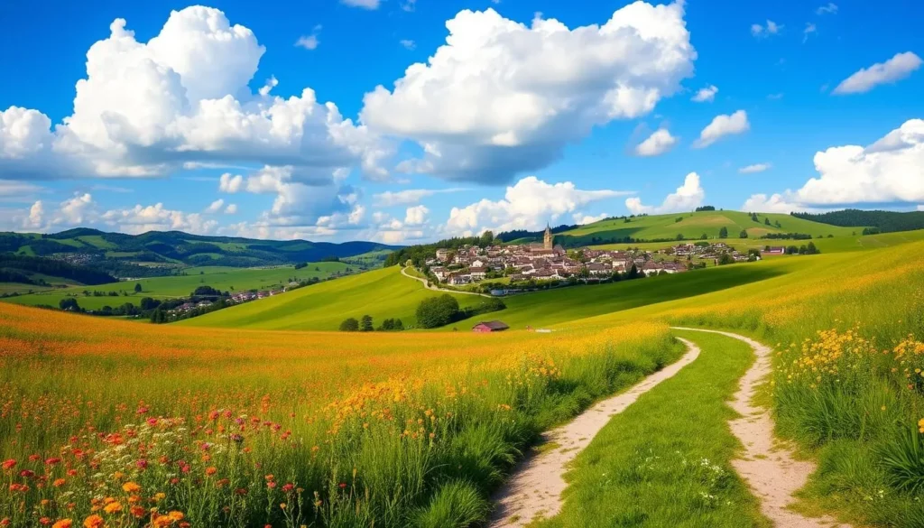 A picturesque landscape of rolling hills and lush meadows, with the historic town of Solothurn nestled in the distance. Vibrant wildflowers sway in the gentle breeze, casting a warm, golden glow across the scene. In the foreground, a meandering path invites exploration, leading visitors through a serene pastoral setting. The sky is a brilliant blue, dotted with fluffy white clouds, creating a sense of tranquility and adventure. Capture the essence of a perfect day trip from Solothurn, showcasing the natural beauty and charm that draws visitors to this enchanting Swiss destination.