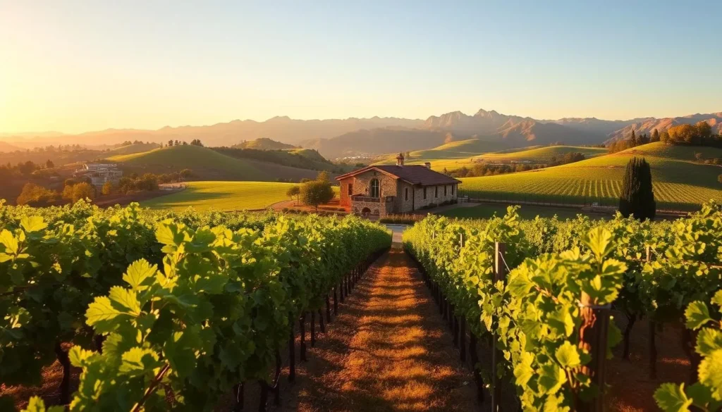 A picturesque landscape of rolling hills, lush vineyards, and charming wineries nestled in the heart of Temecula, California. Capture the warm, golden sunlight filtering through the verdant vines, casting a soft glow over the scene. In the foreground, rows of carefully tended grape vines stretch out, their leaves gently swaying in the light breeze. In the middle ground, a traditional Tuscan-style winery stands proud, its terracotta-tiled roof and stone walls blending seamlessly with the surrounding countryside. In the distance, the majestic silhouettes of rugged mountains frame the entire panorama, creating a breathtaking backdrop for this picturesque wine country. Convey a sense of tranquility, natural beauty, and the promise of exceptional wines to be discovered.