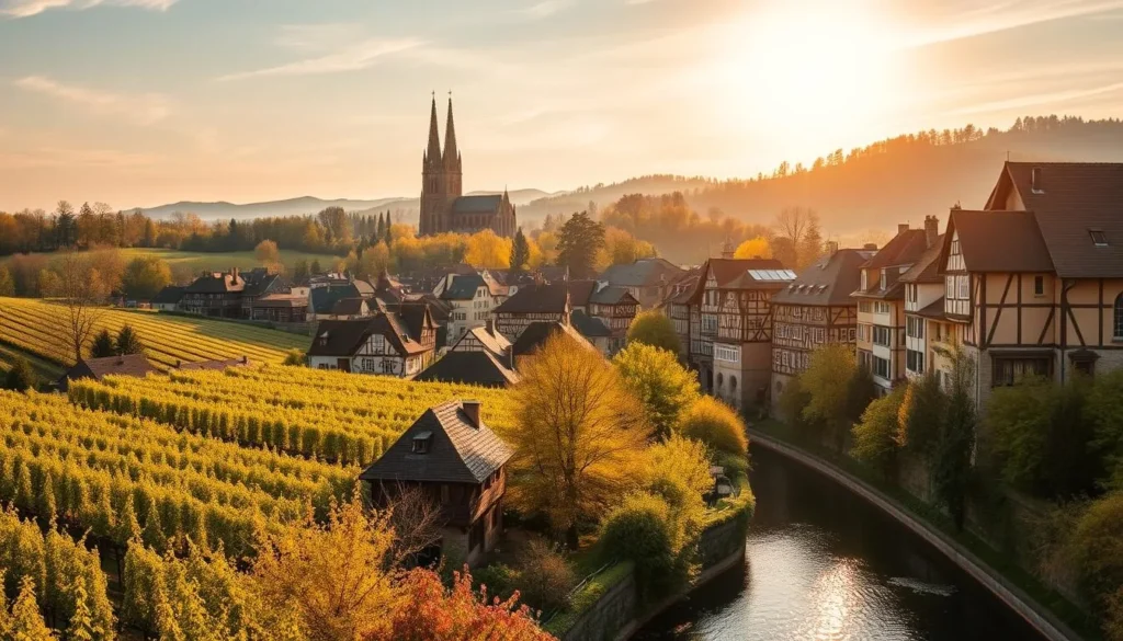 A picturesque landscape of rolling vineyards, half-timbered houses, and charming medieval towns under a warm, golden sun. Capture the essence of Alsace in spring or fall, when the vibrant foliage and mild temperatures create the perfect backdrop for a weather-savvy trip. Showcase the region's unique architectural heritage, with the imposing Strasbourg Cathedral towering in the distance. Frame the scene with a serene canal or river, reflecting the historic buildings and lush greenery. Use a wide-angle lens to convey the breathtaking scale and beauty of this enchanting corner of France.