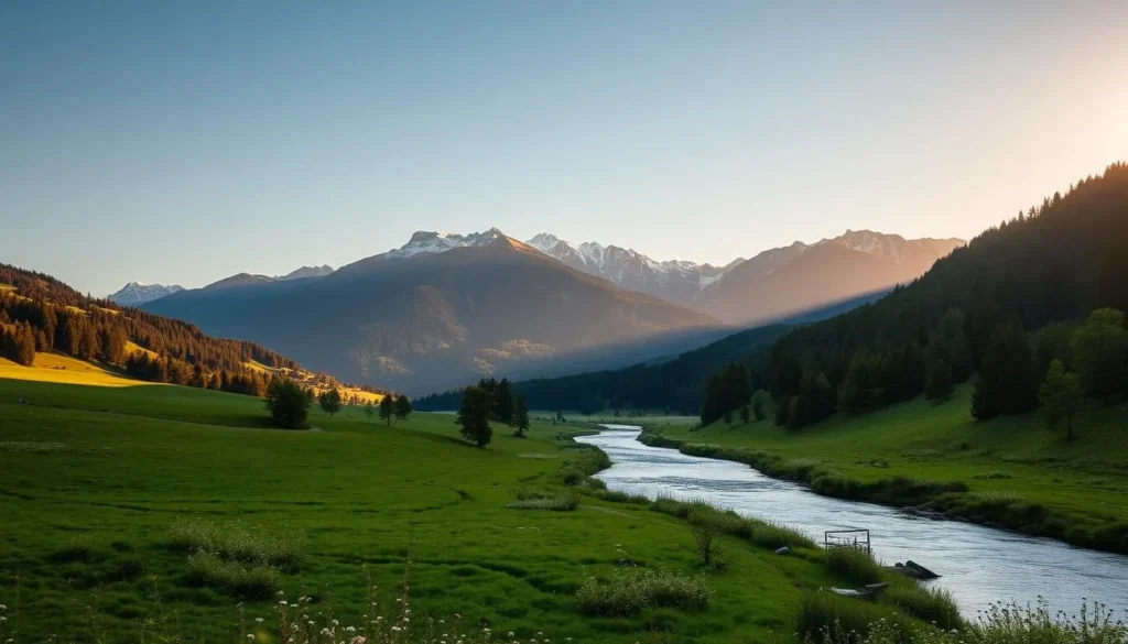A picturesque landscape of the Aargau region in Switzerland. In the foreground, a tranquil river winds its way through lush, verdant meadows dotted with wildflowers. In the middle ground, rolling hills covered in dense forests rise up, their canopies casting long shadows across the scene. In the background, the majestic Swiss Alps stand tall, their snow-capped peaks piercing the clear, azure sky. The warm, golden light of the sun bathes the entire scene, creating a serene and inviting atmosphere. The scene is captured with a wide-angle lens, showcasing the vast and breathtaking natural beauty of the Aargau region.