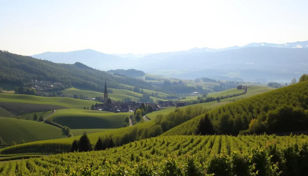 A picturesque landscape of the Alsace region, France, under a bright, sun-filled sky. Rolling hills covered in lush, verdant vineyards stretch out in the foreground, with a quaint village nestled in the middle distance, its distinctive half-timbered houses and church steeple reflecting the region's traditional architecture. In the background, the gentle slopes of the Vosges Mountains rise up, their peaks capped with a dusting of snow, creating a stunning contrast against the warm, golden hues of the day. The scene is bathed in soft, diffused lighting, conveying a sense of tranquility and the temperate, continental climate that defines Alsace's weather patterns.