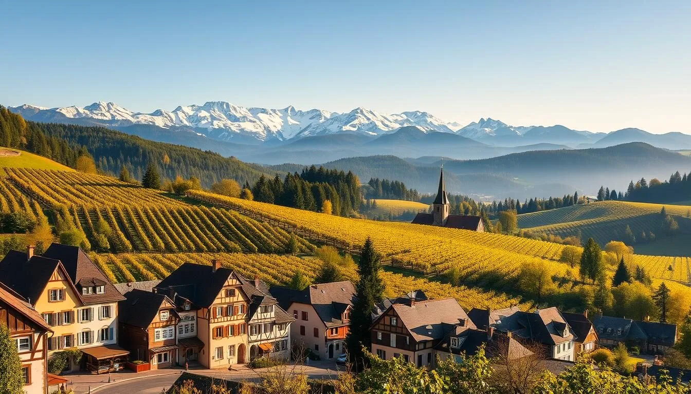 A picturesque landscape of the Alsace region in France, capturing the essence of its charming villages and rolling hills. The foreground features a quaint village with colorful half-timbered houses, cobblestone streets, and a small church steeple. In the middle ground, lush vineyards cascade down gentle slopes, their vines heavy with ripe grapes. The background is dominated by the majestic Vosges Mountains, their peaks capped with a dusting of snow, creating a serene and inviting atmosphere. The scene is illuminated by warm, golden sunlight, casting a soft glow over the entire landscape. The composition is balanced, drawing the viewer's eye through the layers of the image, offering a glimpse into the beauty and tranquility of this picturesque corner of France.