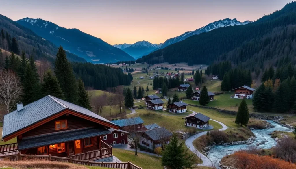 A picturesque landscape of the Entlebuch Biosphere Reserve in Switzerland, showcasing various accommodation options nestled amidst the rolling hills, dense forests, and tranquil streams. Capture a charming mountain lodge with warm, inviting lighting, rustic wooden exteriors, and panoramic views of the surrounding natural beauty. In the foreground, depict a cozy cabin with a quaint porch, while in the middle ground, reveal a cluster of traditional Swiss-style chalets and farmhouses. In the background, highlight the majestic peaks of the Bernese Alps, bathed in the soft glow of a golden hour sunset. Convey a sense of peaceful serenity and the perfect balance between nature and human habitation.