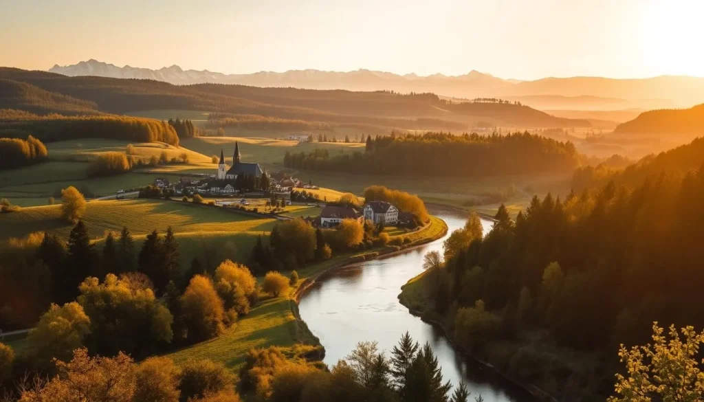 A picturesque landscape of the Grand Est region in France, showcasing its rolling hills, lush forests, and charming villages. Warm sunlight bathes the scene, casting a golden glow over the tranquil countryside. In the foreground, a winding river meanders through the verdant landscape, its calm waters reflecting the surrounding scenery. In the middle ground, traditional half-timbered houses and charming churches dot the rolling hills, hinting at the region's rich cultural heritage. In the distance, the silhouettes of snow-capped peaks rise majestically, creating a breathtaking backdrop to this serene and idyllic setting.