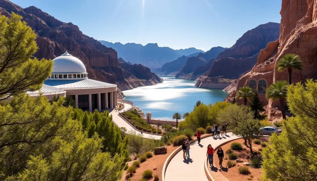 A picturesque landscape of the Lake Mead Visitor Center, situated against the backdrop of the majestic Hoover Dam. The center's modern architecture blends seamlessly with the natural surroundings, inviting visitors to explore the region's rich history and natural wonders. Sunlight dances across the surface of the serene lake, casting shimmering reflections. Lush foliage and towering cliffs frame the scene, creating a sense of tranquility and adventure. Visitors stroll along the well-maintained pathways, taking in the breathtaking vistas and learning about the area's unique ecosystem. The overall atmosphere is one of peaceful exploration, perfectly capturing the essence of the Lake Mead National Recreation Area.