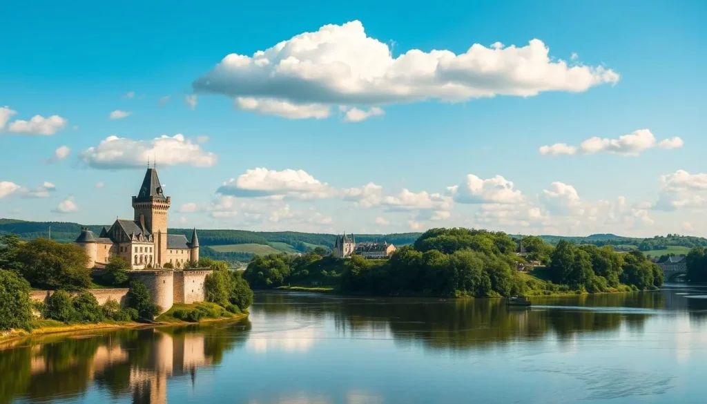A picturesque landscape of the Loire Valley, France, showcasing the iconic châteaux along the winding river. In the foreground, a charming stone castle with turrets and steeply pitched roofs stands tall, its reflection mirrored in the calm waters. The middle ground features lush green forests and rolling hills, dotted with additional châteaux peeking through the trees. The background is dominated by a clear blue sky, with fluffy white clouds casting gentle shadows on the scene. The lighting is soft and golden, creating a warm, inviting atmosphere. Capture this beautiful and historically significant region in a realistic, high-quality image.
