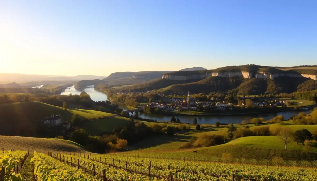 A picturesque landscape of the Loire Valley in France, bathed in warm, golden sunlight. In the foreground, rolling hills covered in lush vineyards and verdant meadows, dotted with quaint villages and historic châteaux. The middle ground features the meandering Loire River, its calm waters reflecting the azure sky above. In the distance, the silhouettes of forested hills and dramatic limestone cliffs frame the serene scene. The atmosphere is one of tranquility and timeless charm, capturing the essence of the Loire Valley's temperate, continental climate. A wide-angle lens captures the panoramic view, showcasing the region's natural beauty and architectural treasures.