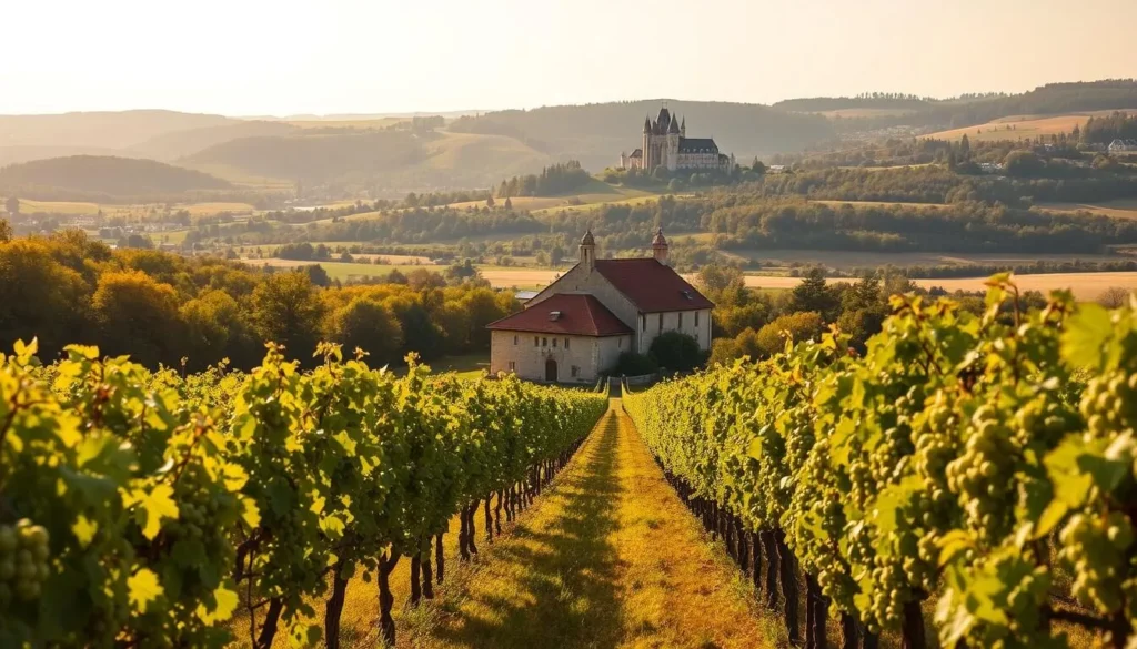 A picturesque landscape of the Loire Valley wine region in France on a sunny day. In the foreground, rows of lush, green vineyards stretch out, with clusters of ripe grapes hanging from the vines. In the middle ground, a quaint, stone winery stands amid the vines, its historic architecture and red-tiled roof reflecting the region's rich heritage. Beyond, rolling hills dotted with medieval châteaux and forests create a breathtaking backdrop, bathed in warm, golden light. The scene conveys a sense of tranquility, timelessness, and the perfect harmony between nature and human craftsmanship that defines the renowned Loire Valley wine region.