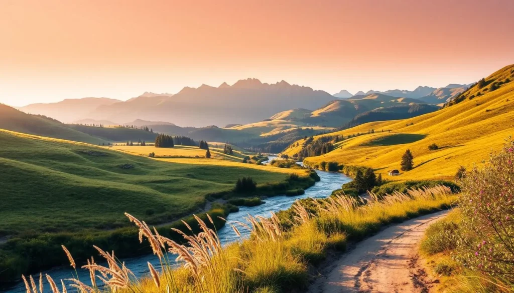 A picturesque landscape of the Pfyn-Finges Nature Park in Switzerland. Capture the rolling hills, lush meadows, and towering peaks in the background, bathed in warm, golden sunlight. Include a serene river or stream winding through the middle ground, with tall, swaying grasses and wildflowers lining the banks. In the foreground, depict a tranquil hiking trail or dirt path, inviting viewers to explore the natural beauty of this stunning alpine region. Utilize a wide, panoramic lens to showcase the breathtaking vistas and create a sense of depth and scale. Convey a peaceful, idyllic atmosphere that evokes the essence of the Pfyn-Finges Nature Park.