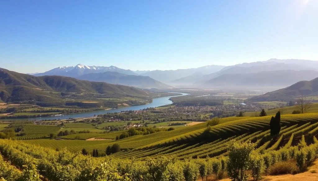 A picturesque landscape of the Rhône Valley, France, bathed in warm, golden sunlight. In the foreground, a rolling patchwork of lush vineyards and orchards, their verdant hues shimmering in the gentle breeze. The middle ground features a winding river, its waters reflecting the azure sky above. In the distance, majestic mountains rise, their snow-capped peaks glistening under the radiant sun. The scene exudes a sense of tranquility and natural harmony, capturing the essence of the region's weather patterns throughout the year.