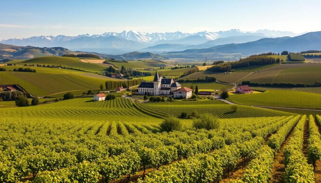A picturesque landscape of the Rhône Valley, France's sunniest wine region. Rolling hills dotted with lush vineyards, their rows of grapevines stretching as far as the eye can see. In the distance, the majestic peaks of the Alps rise up, their snow-capped summits gleaming in the golden sunlight. Quaint stone farmhouses and ancient medieval châteaux dot the countryside, surrounded by idyllic country lanes and winding rivers. The air is filled with the scent of ripe grapes and the gentle rustling of leaves. A serene, tranquil scene that captures the essence of this renowned winemaking region.