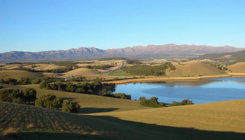 A picturesque landscape of the San Luis Obispo area, showcasing the region's natural beauty. In the foreground, rolling hills dotted with oak trees lead the eye towards a tranquil lake, its mirror-like surface reflecting the clear sky above. In the middle ground, a winding road winds through the verdant countryside, inviting the viewer to explore. In the distance, rugged mountains rise up, their peaks bathed in warm, golden light. The scene exudes a sense of serenity and calm, perfect for those seeking to plan a peaceful visit to this stunning part of California.