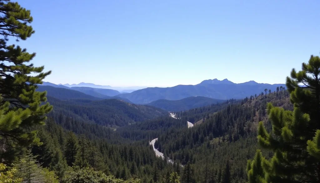 A picturesque landscape of the Santa Cruz Mountains, California on a bright, sunny day. In the foreground, lush evergreen forests cover rolling hills, with sunlight filtering through the canopy. The middle ground reveals a winding road leading through the mountains, hugging the contours of the terrain. In the distance, rugged peaks reach towards the clear, azure sky, their slopes dotted with a mix of evergreen and deciduous trees. Capture the serene, natural beauty of this scenic region, conveying a sense of tranquility and adventure.
