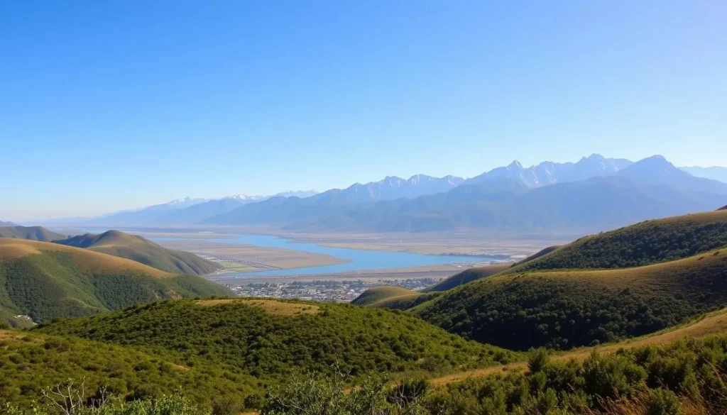 A picturesque landscape of the Santa Lucia Range on a clear, sunny day. In the foreground, rolling hills covered in lush, verdant vegetation. In the middle ground, a winding river reflecting the azure sky. In the background, the majestic peaks of the Santa Lucia Range, their rugged, snow-capped summits reaching towards the heavens. The scene is bathed in warm, golden light, creating a serene and inviting atmosphere. The image is captured with a wide-angle lens, providing a panoramic view of the stunning natural beauty of this region.