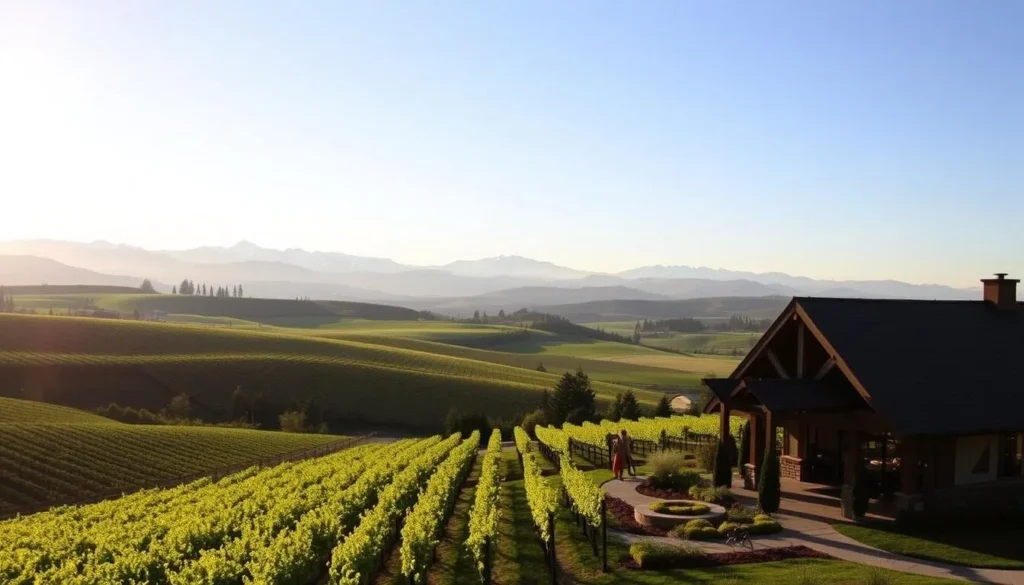 A picturesque landscape of the Willamette Valley, Oregon, bathed in golden afternoon sunlight. Lush, verdant vineyards stretch out across rolling hills, their rows of neatly trellised vines reflecting the warm glow. In the distance, the iconic Cascade Mountains rise up, their snow-capped peaks piercing the clear blue sky. In the foreground, a charming winery with a rustic, timber-framed tasting room stands amidst neatly manicured gardens, inviting visitors to explore the region's renowned vintages. The scene exudes a sense of tranquility and the promise of a delightful wine-tasting experience.