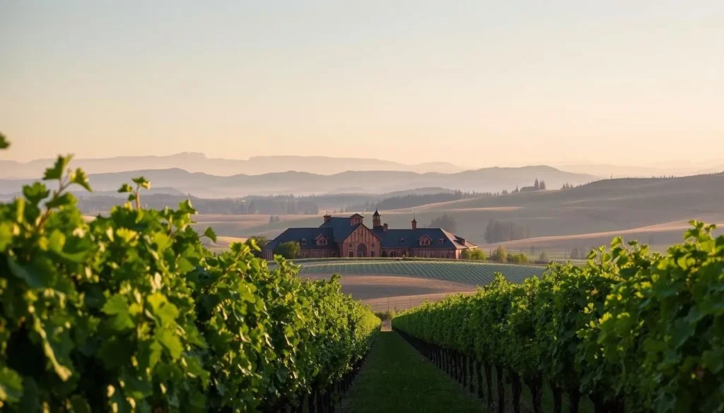 A picturesque landscape of the Willamette Valley, showcasing its renowned wineries and vineyards. In the foreground, rows of lush, verdant grapevines stretch out, their leaves gently swaying in the soft breeze. In the middle ground, a cluster of traditional, rustic-style winery buildings stand proudly, their warm, earthy tones complementing the natural surroundings. In the background, the gentle rolling hills of the Willamette Valley provide a serene and picturesque backdrop, with hints of the distant mountains peeking through the hazy, golden-hour sky. The scene is bathed in a warm, inviting light, capturing the essence of this premier wine-producing region.