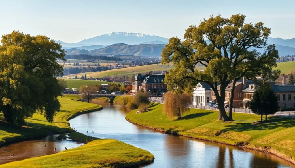 A picturesque landscape of the Willamette Valley, showcasing the charming city of Corvallis nestled amidst verdant rolling hills. In the foreground, a winding river reflects the warm sunlight, its gentle waters dotted with ducks and geese. Majestic oak trees line the riverbanks, their branches casting soft shadows on the grassy banks. In the middle ground, the historic downtown district of Corvallis comes into view, with its quaint Victorian-style buildings and bustling streets. In the background, the distant Cascade Mountains rise majestically, their snow-capped peaks piercing the clear blue sky. The scene exudes a peaceful, inviting atmosphere, capturing the essence of Corvallis' natural beauty and small-town allure.