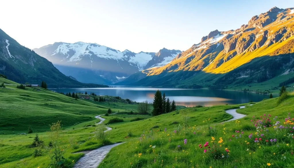 A picturesque landscape of the Zürcher Oberland Nature Park, Switzerland, showcasing its lush greenery, serene lakes, and majestic mountains. In the foreground, a winding path leads through a verdant meadow adorned with vibrant wildflowers. In the middle ground, a tranquil lake reflects the surrounding peaks, their snow-capped summits glistening under the warm, natural lighting. The background features towering mountains, their rugged slopes carved by glaciers, creating a breathtaking panoramic view. The overall scene radiates a sense of peace and wonder, capturing the essence of this stunning natural haven.