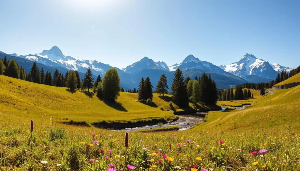 A picturesque landscape of the Zürcher Oberland Nature Park, Switzerland. In the foreground, a lush meadow dotted with vibrant wildflowers sways gently in the warm breeze. The middle ground features a winding stream reflecting the azure sky above, its banks lined with tall, verdant trees. In the distance, majestic snow-capped peaks of the Swiss Alps rise majestically, their rugged slopes casting dramatic shadows across the rolling hills. The scene is bathed in soft, golden sunlight, creating a serene and inviting atmosphere perfect for family-friendly outdoor adventures.