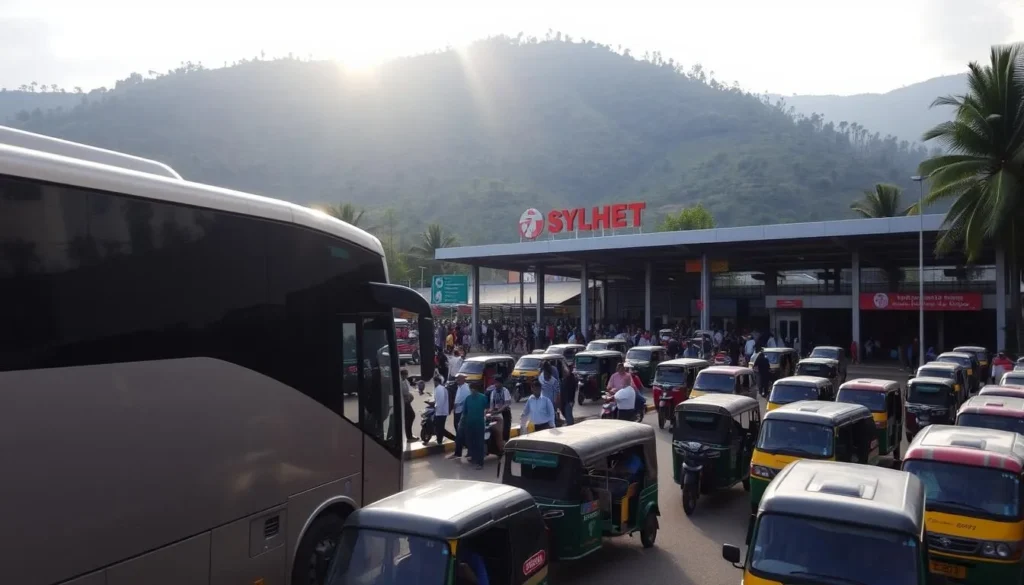 A picturesque landscape of the bustling transportation hub of Sylhet, Bangladesh. A modern bus station with vibrant signage and a crowd of passengers bustling about, set against a backdrop of lush, verdant hills. The warm sunlight filters through the clouds, casting a gentle glow over the scene. In the foreground, a sleek bus waits to depart, its polished exterior reflecting the surrounding scenery. Nearby, auto-rickshaws and taxis weave through the congestion, ferrying travelers to their destinations. The atmosphere is alive with the energy of a thriving city, ready to welcome visitors on their journey to explore the wonders of Sylhet.
